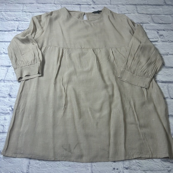 Roolee Taupe/White Striped Babydoll Style Linen Top. Long Sleeves. Size L. Fall! - Picture 1 of 5